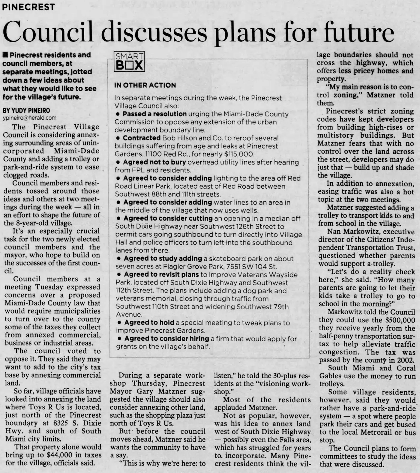 Miami Herald scan of "Council discusses plans for future", printed page 4PP