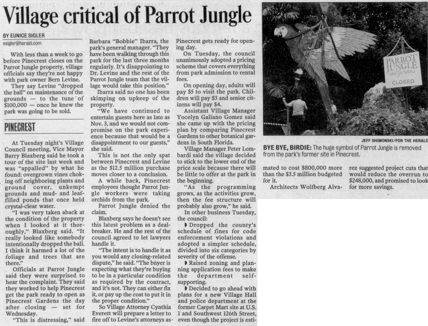 Miami Herald scan of "Village critical of Parrot Jungle", printed page 6NC