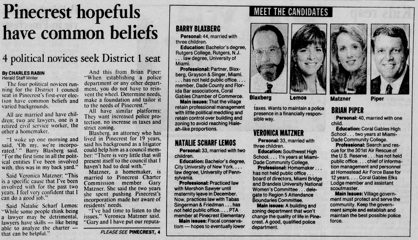 Miami Herald scan of "Pinecrest hopefuls have common beliefs", printed page 3K