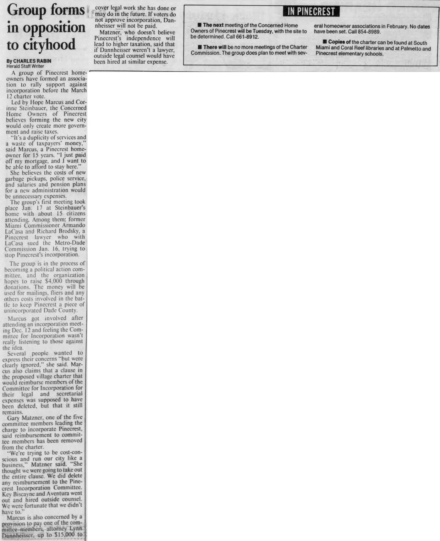 Miami Herald scan of "Group forms in opposition to cityhood", printed page 5SO