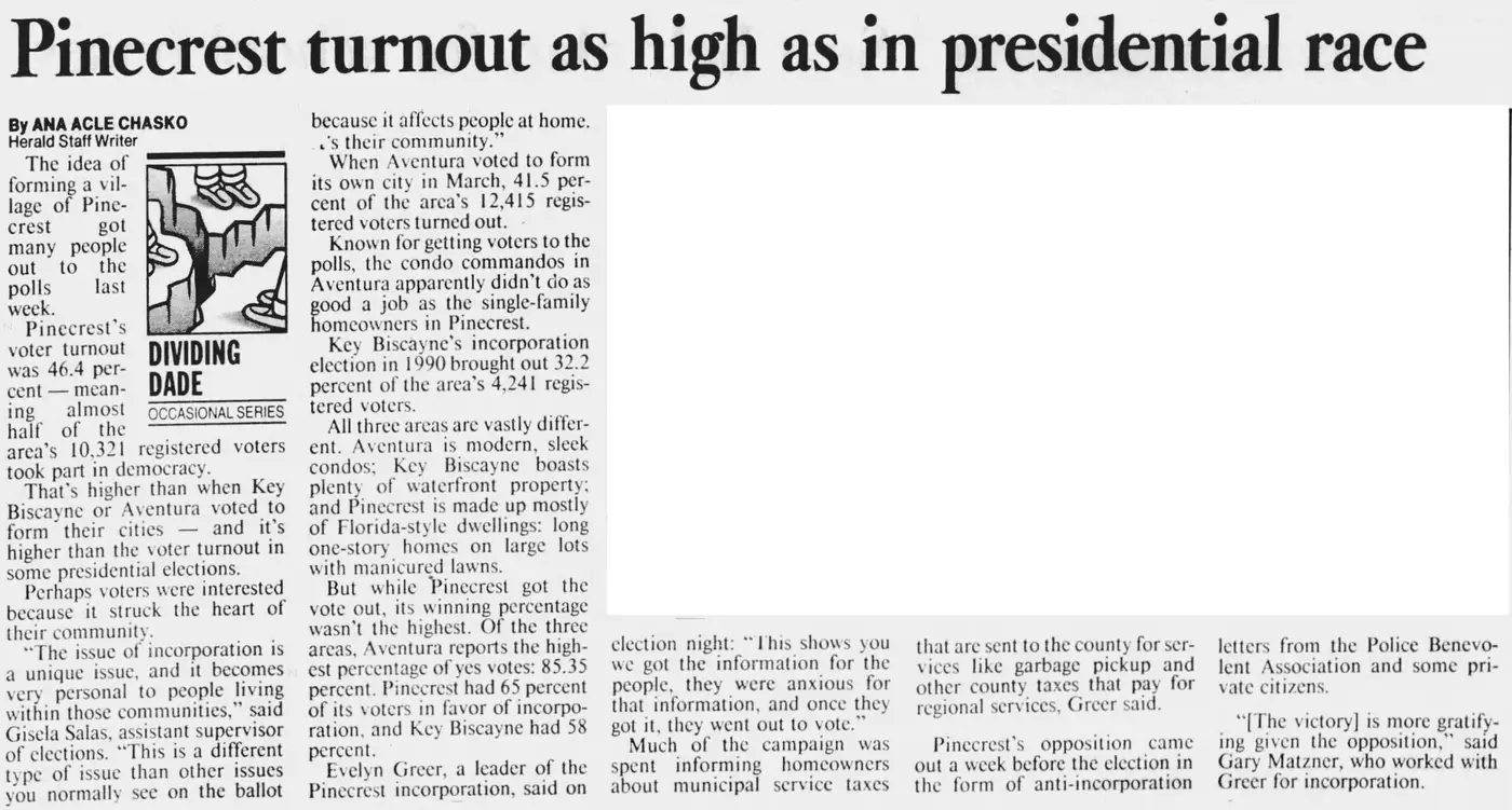 Miami Herald scan of "Pinecrest turnout as high as in presidential race", printed page 3K
