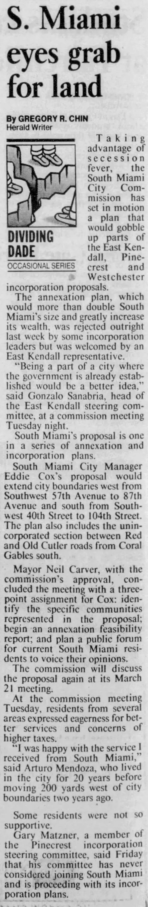 Miami Herald scan of "S. Miami eyes grab for land", printed page 12
