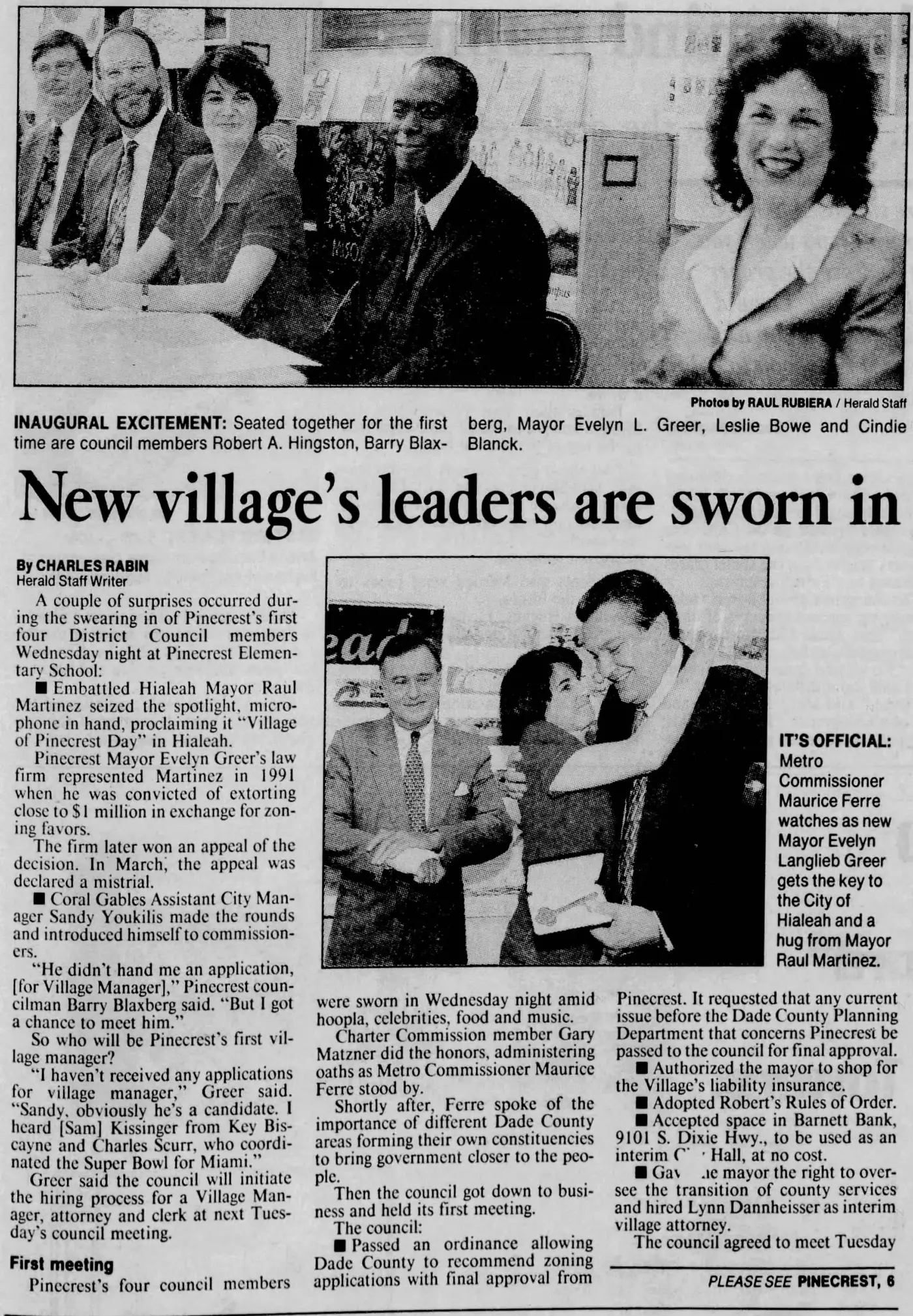 Miami Herald scan of "New village's leaders are sworn in", printed page 3