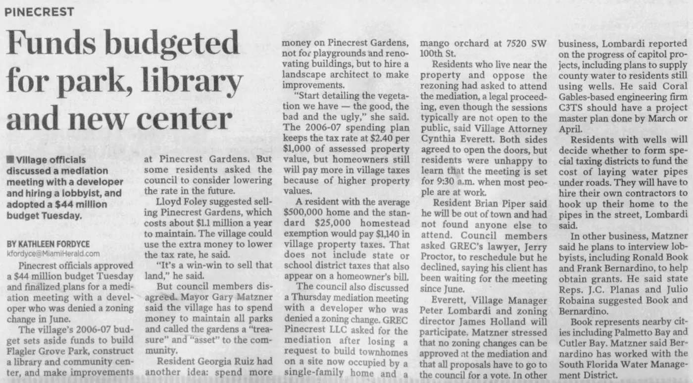 Miami Herald scan of "Funds budgeted for park, library and new center", printed page 4
