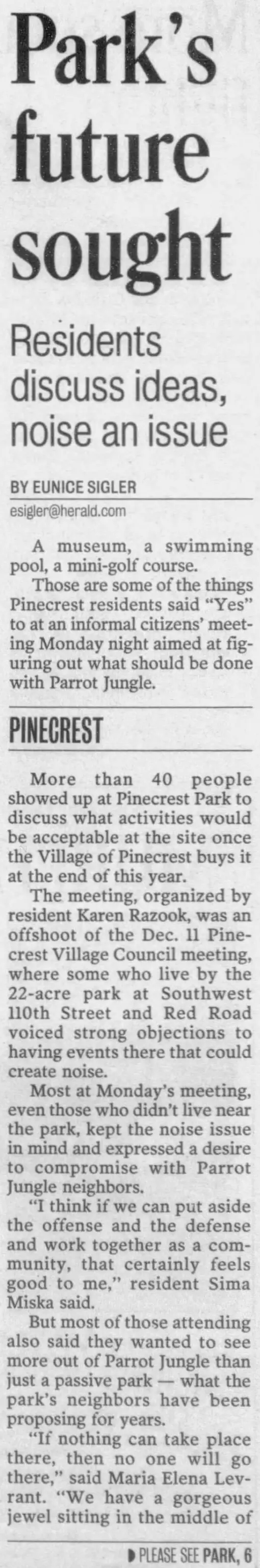 Miami Herald scan of "Park's future sought", printed page 3E
