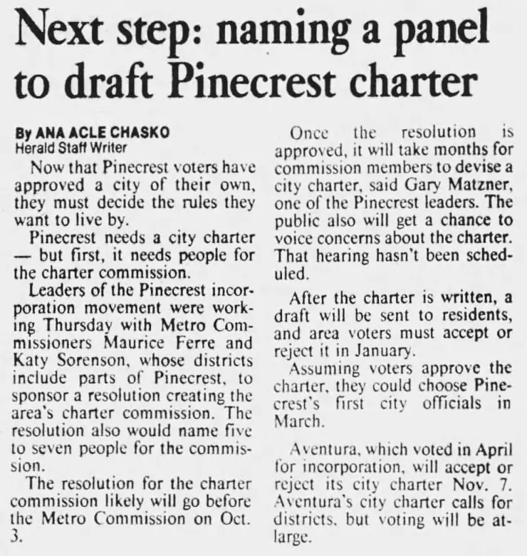 Miami Herald scan of "Next step: naming a panel to draft Pinecrest charter", printed page unverified