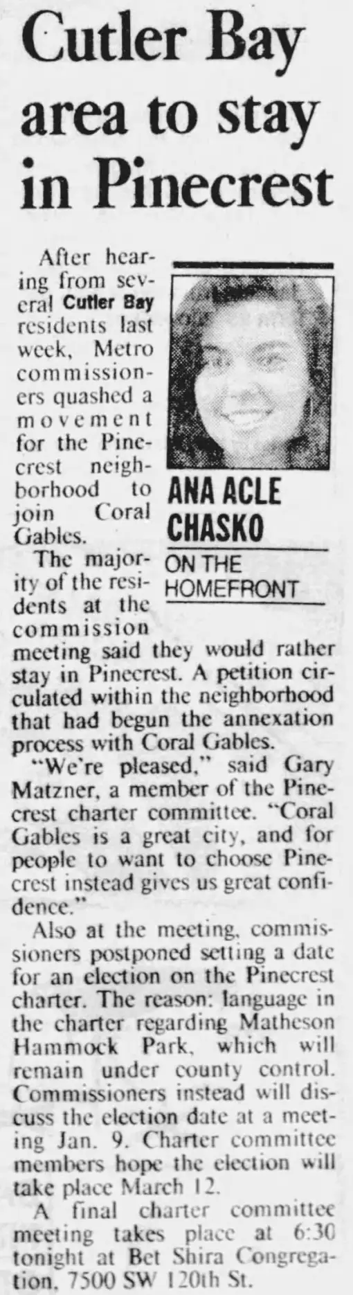 Miami Herald scan of "Cutler Bay area to stay in Pinecrest", printed page 3