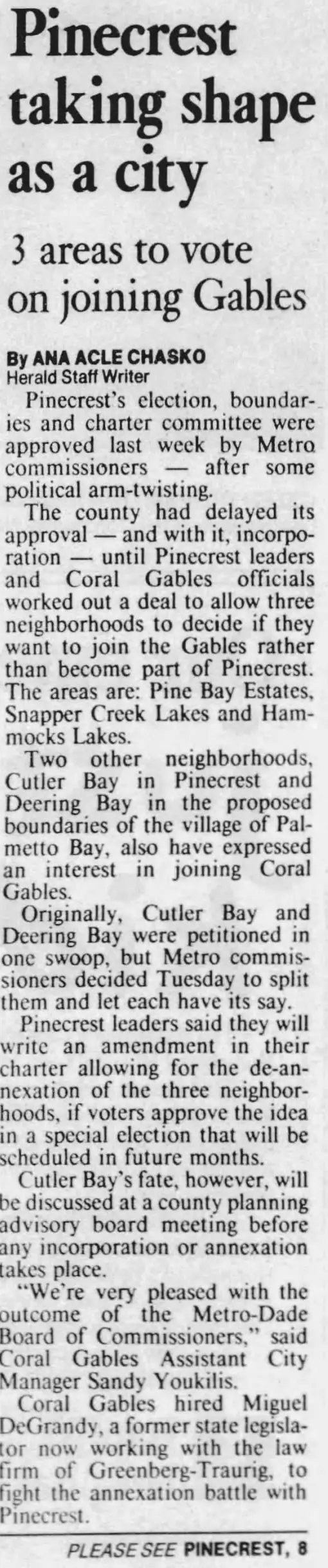 Miami Herald scan of "Pinecrest taking shape as a city", printed page 3K