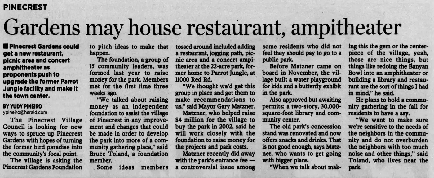 Miami Herald scan of "Gardens may house restaurant, ampitheater", printed page 3PP