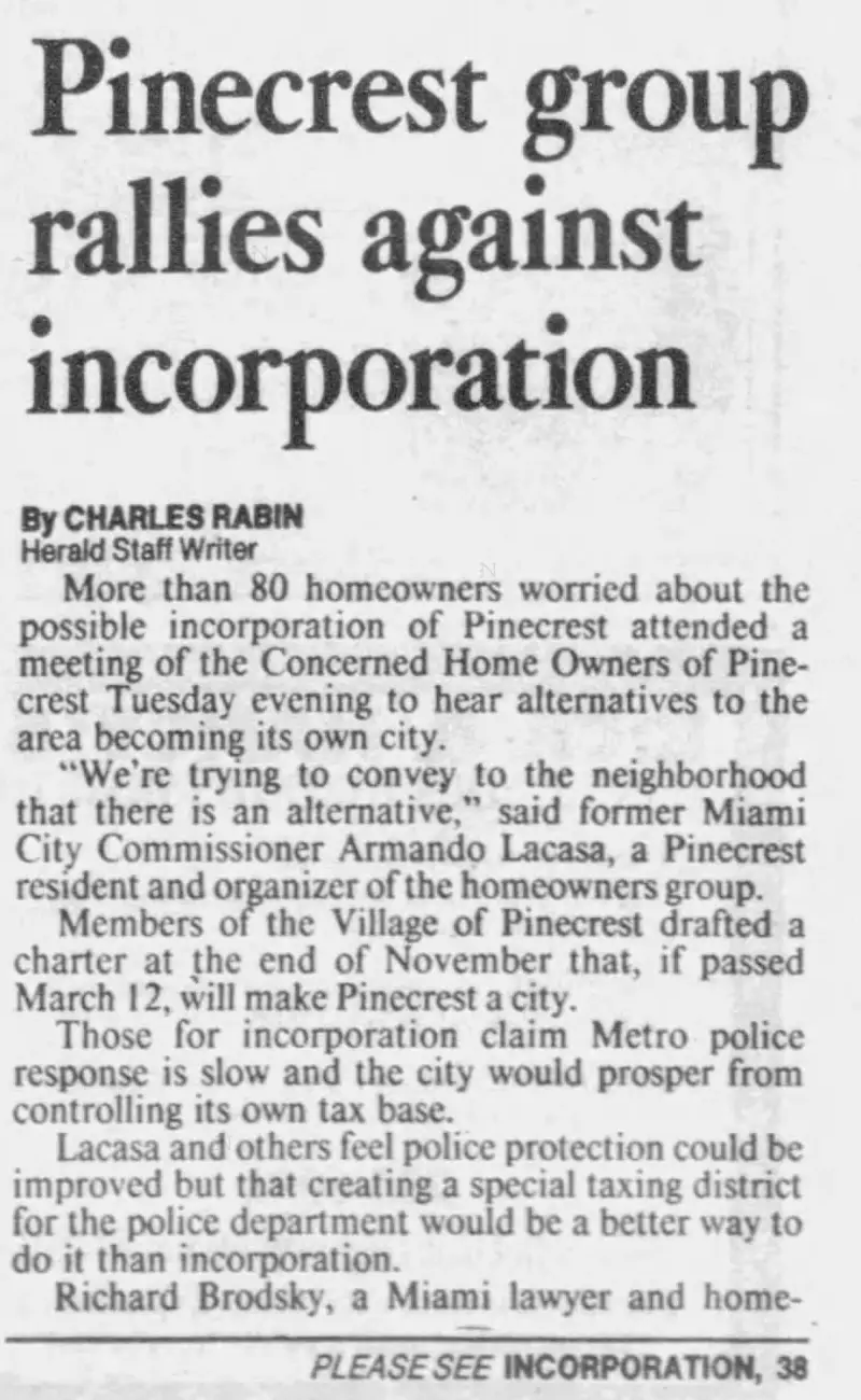 Miami Herald scan of "Pinecrest group rallies against incorporation", printed page 3K