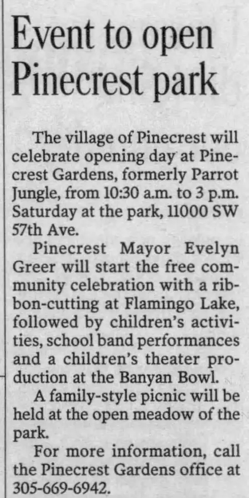 Miami Herald scan of "Event to open Pinecrest park", printed page 24E