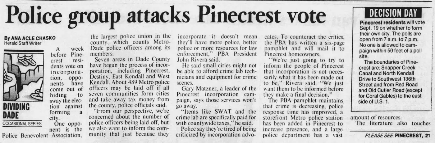 Miami Herald scan of "Police group attacks Pinecrest vote", printed page 3K