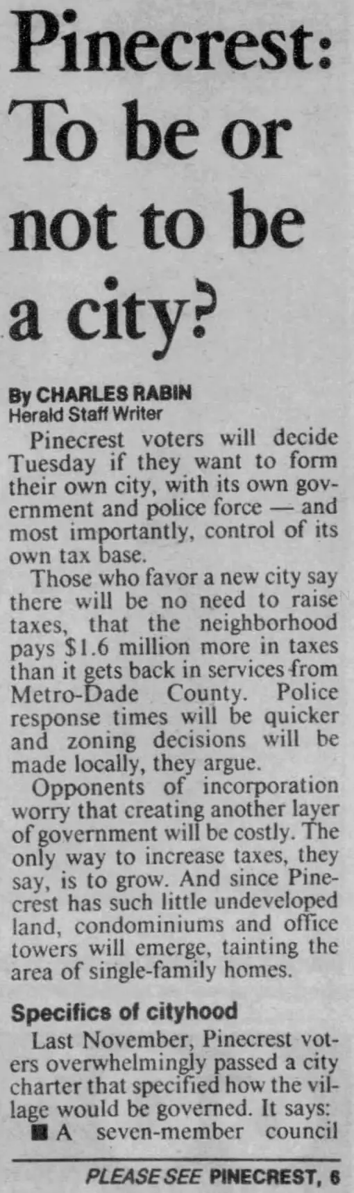 Miami Herald scan of "Pinecrest: To be or not to be a city?", printed page 3K