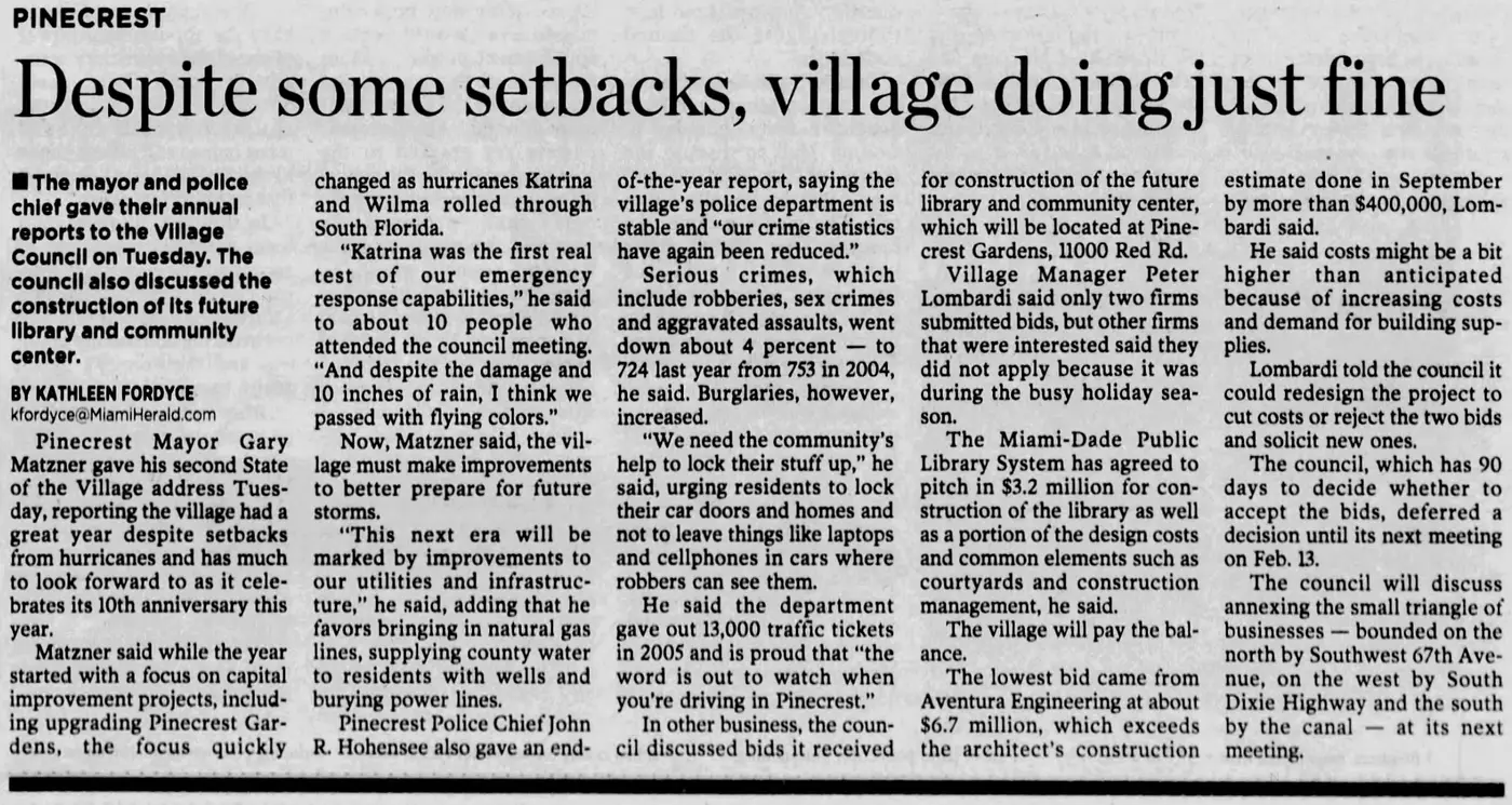 Miami Herald scan of "Despite some setbacks, village doing just fine", printed page 3PP