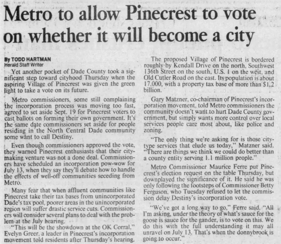 Miami Herald scan of "Metro to allow Pinecrest to vote on whether it will become a city", printed page 2B