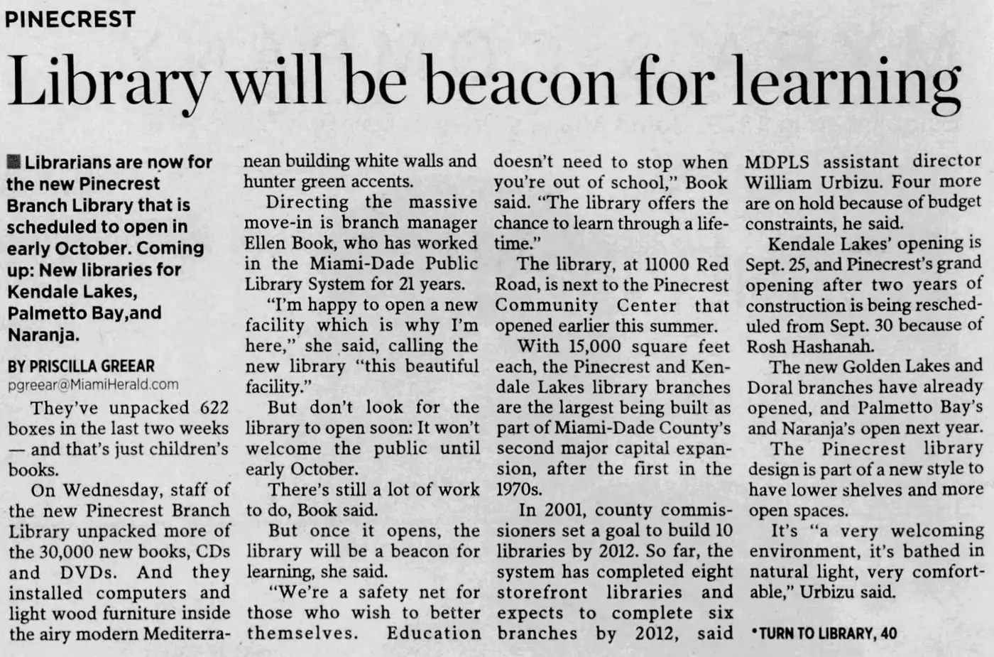 Miami Herald scan of "Library will be beacon for learning", printed page 6GS