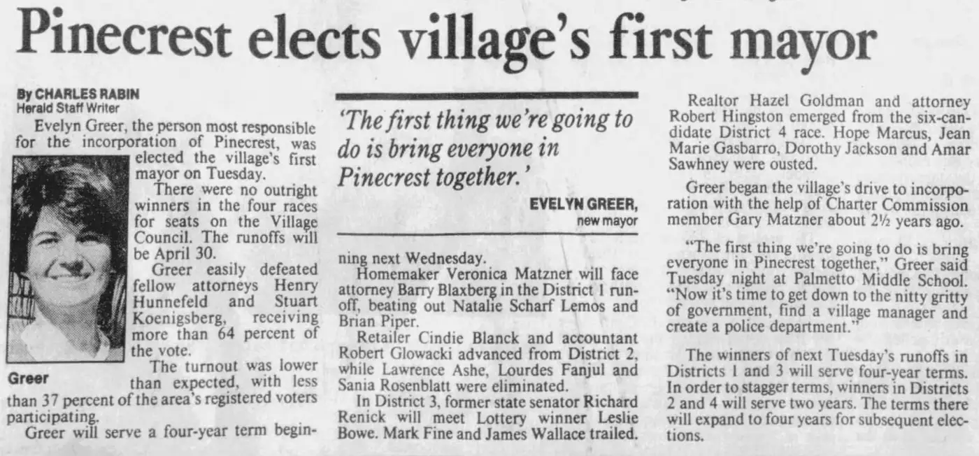 Miami Herald scan of "Pinecrest elects village's first mayor", printed page 2B