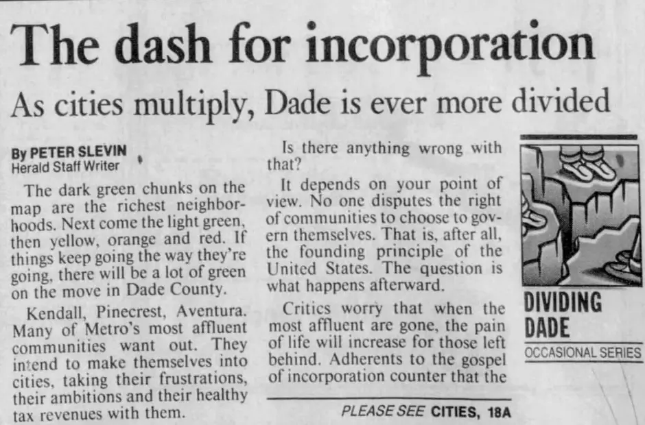 Miami Herald scan of "The dash for incorporation", printed page 1A