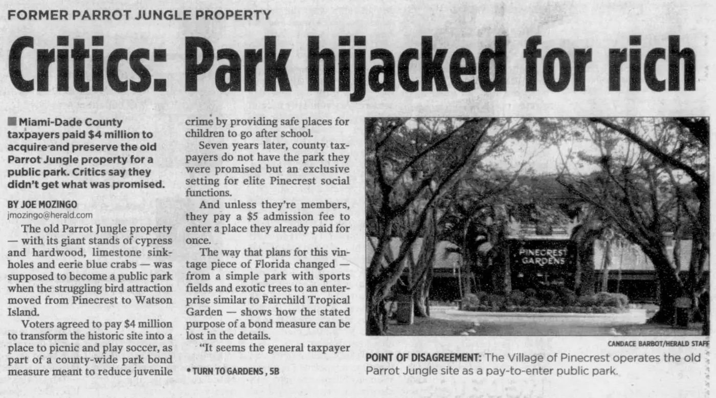 Miami Herald scan of "Critics: Park hijacked for rich", printed page 1B