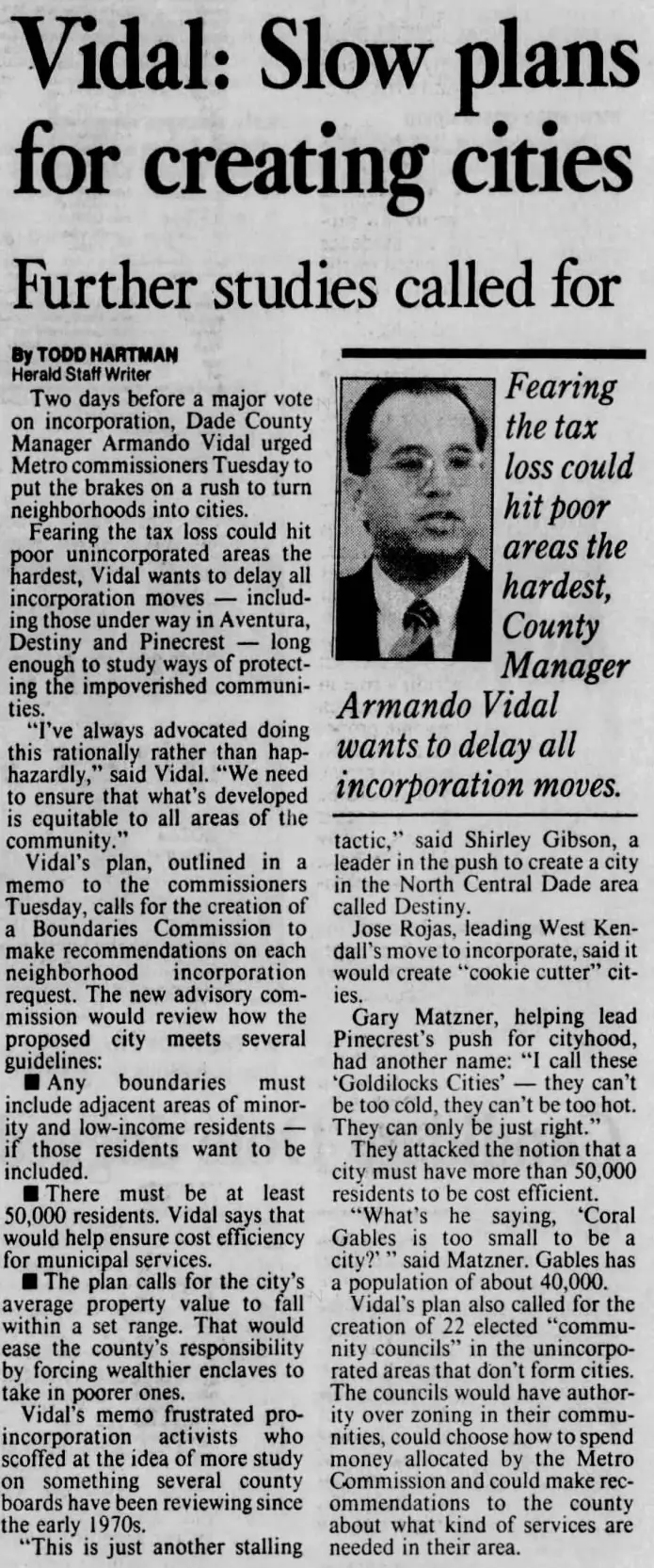 Miami Herald scan of "Vidal: Slow plans for creating cities", printed page 8A