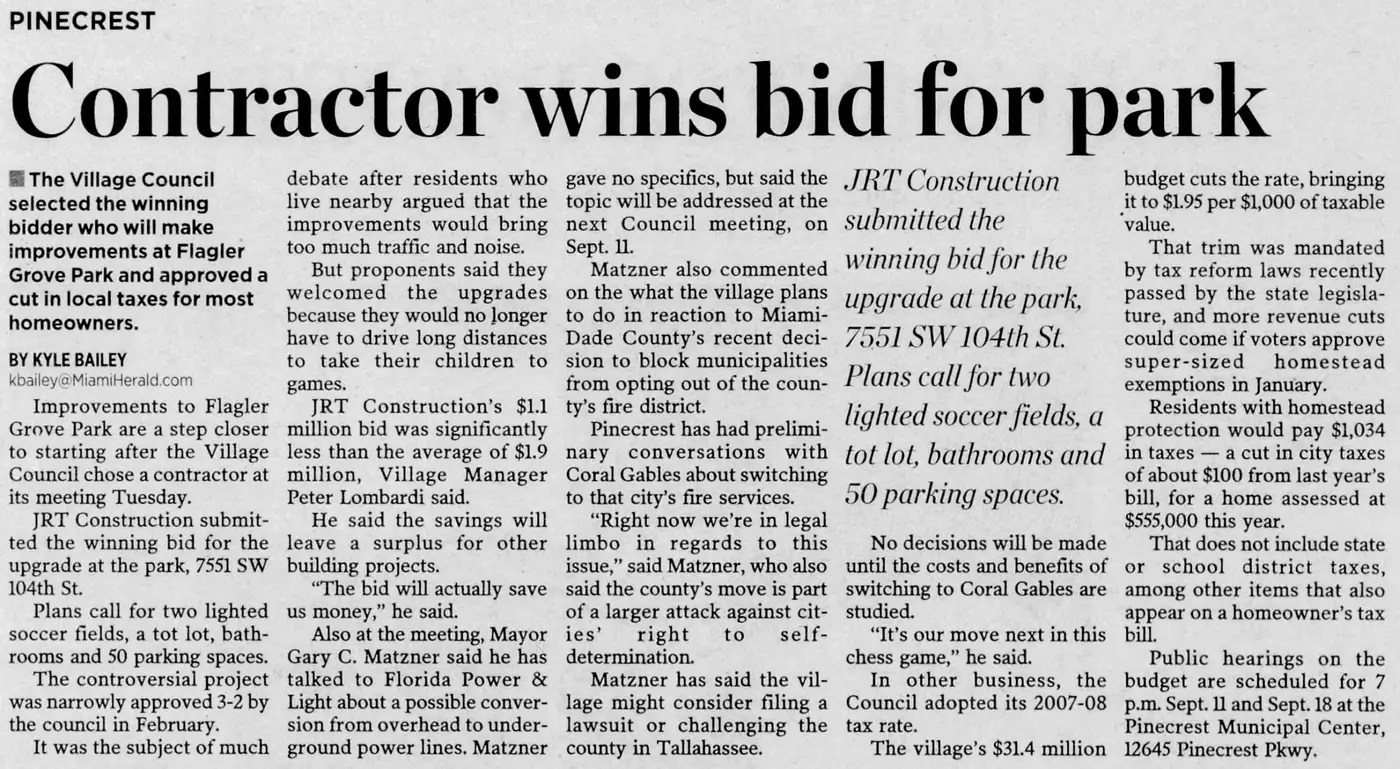 Miami Herald scan of "Contractor wins bid for park", printed page 4PP