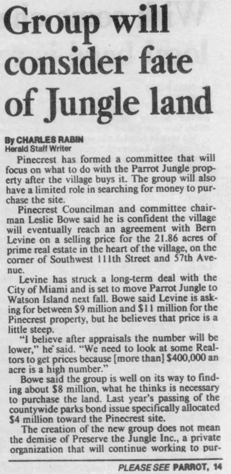 Miami Herald scan of "Group will consider fate of Jungle land", printed page 3K