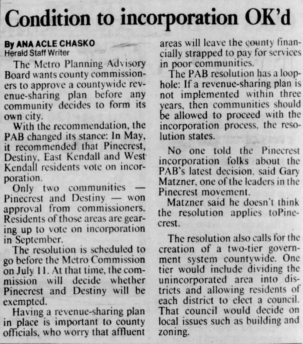 Miami Herald scan of "Condition to incorporation OK'd", printed page 10