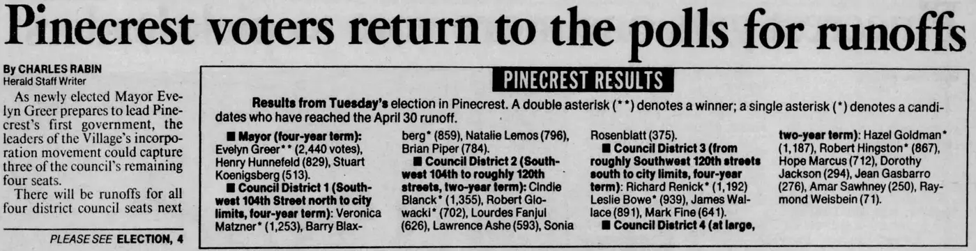 Miami Herald scan of "Pinecrest voters return to the polls for runoffs", printed page 3