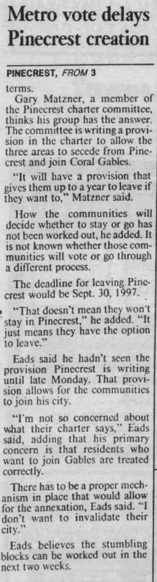 Miami Herald scan of "Metro delays creation of Pinecrest", printed page 15