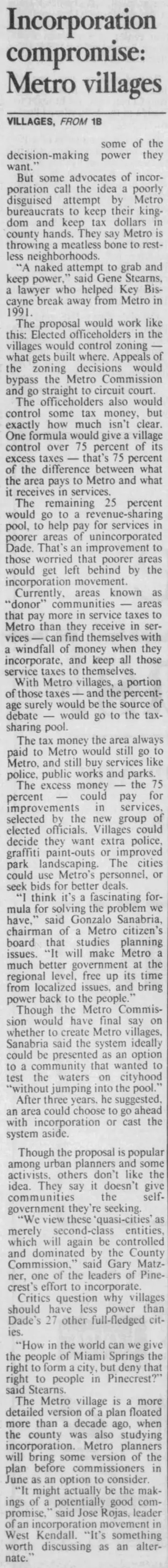 Miami Herald scan of "Alternative: Villages with council that get services from county", printed page 8B