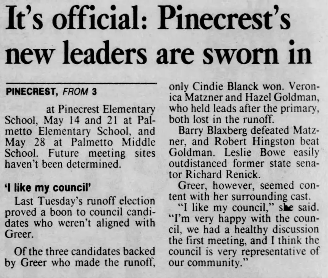 Miami Herald scan of "New village's leaders are sworn in", printed page 6
