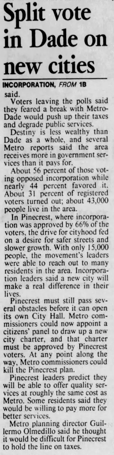 Miami Herald scan of "Split decision in Dade vote on new cities", printed page 2B
