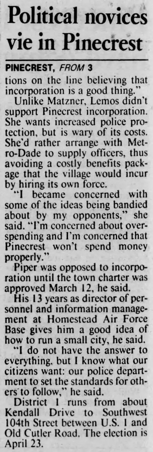 Miami Herald scan of "Pinecrest hopefuls have common beliefs", printed page 4K