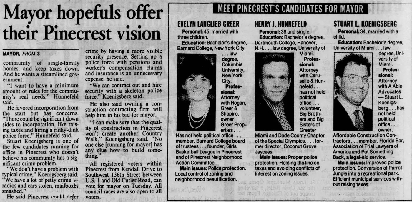 Miami Herald scan of "Pinecrest's first mayor will definitely be a lawyer", printed page 4K