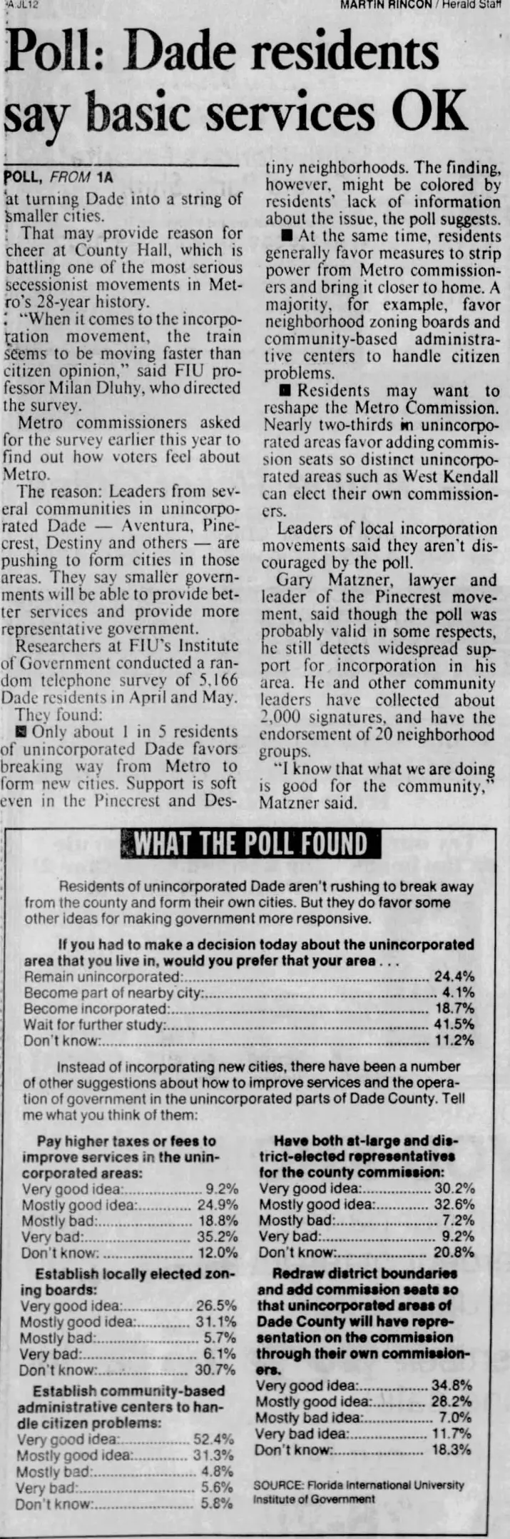 Miami Herald scan of "Dade poll challenges case for secession", printed page 8A