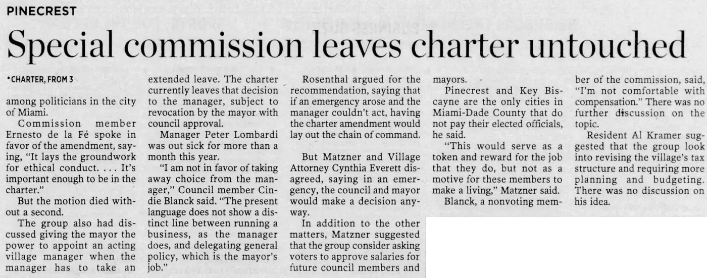 Miami Herald scan of "Clean charter unprecedented act", printed page 19