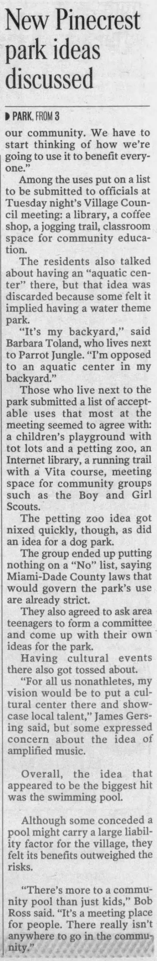 Miami Herald scan of "Park's future sought", printed page 6E