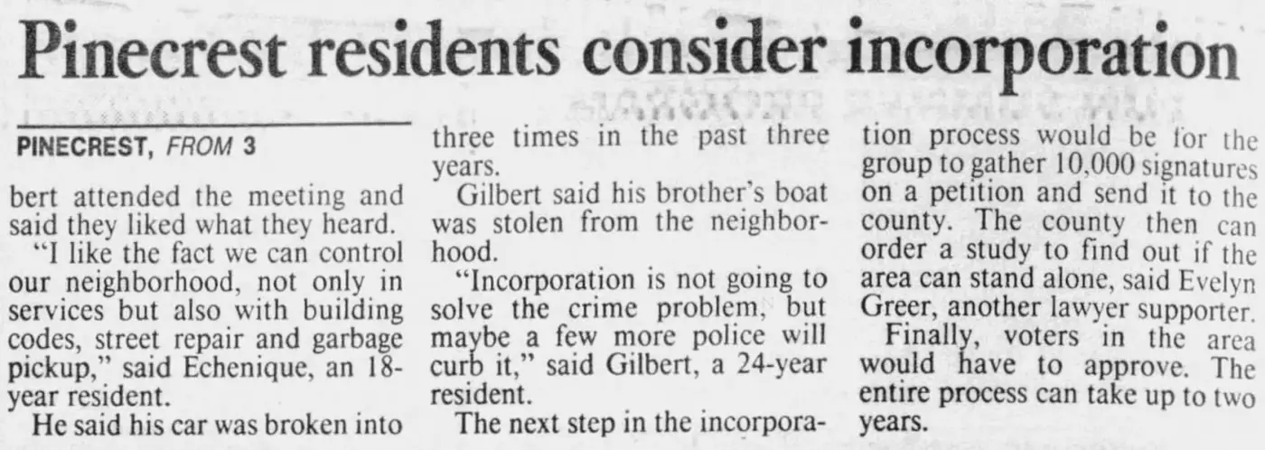 Miami Herald scan of "Village of Pinecrest? Homeowners talk it over", printed page 20K