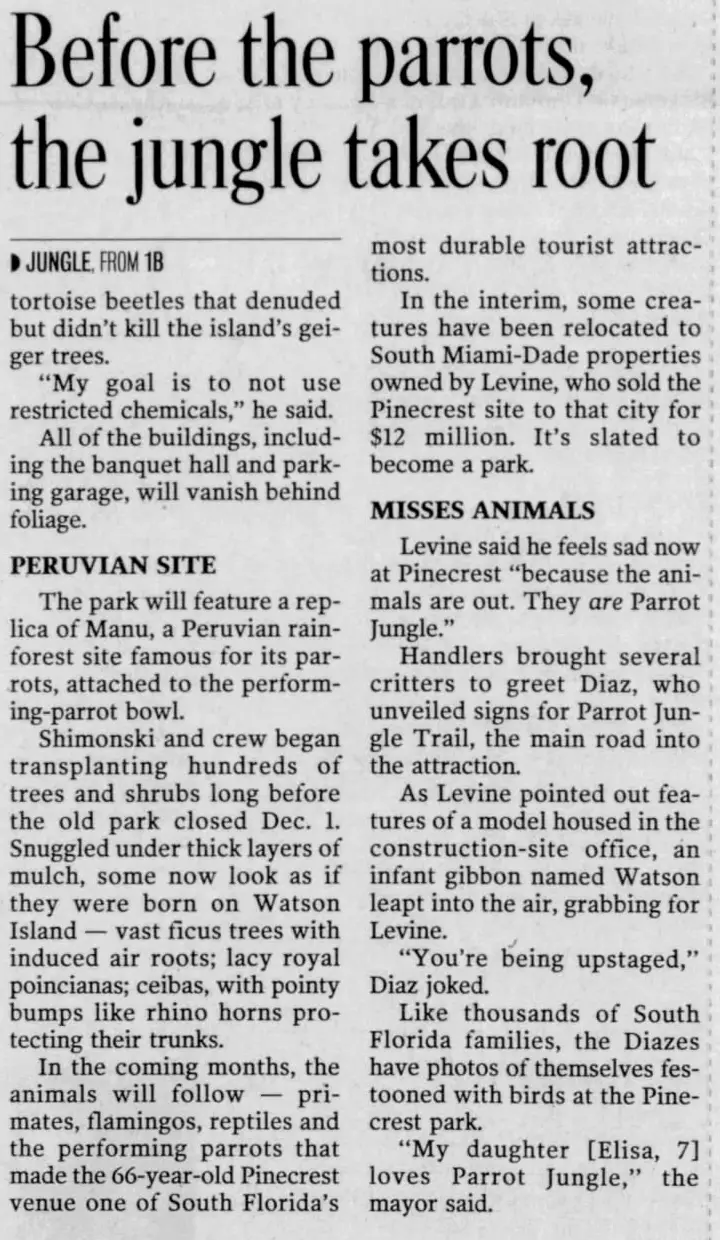 Miami Herald scan of "A jungle first, then the parrots", printed page 2B