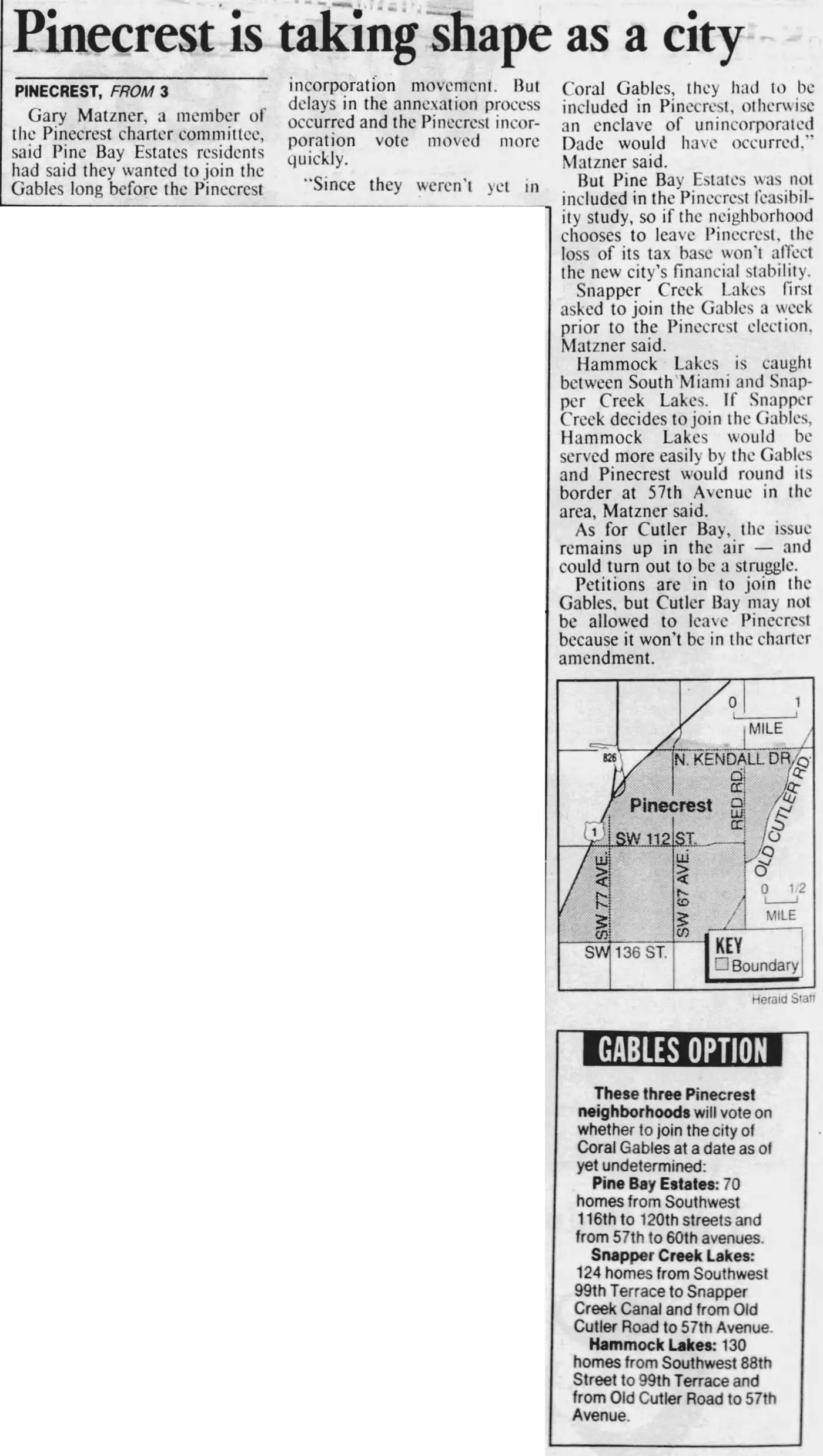 Miami Herald scan of "Pinecrest taking shape as a city", printed page 8K