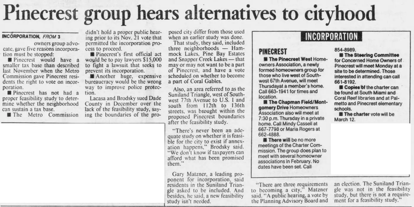 Miami Herald scan of "Pinecrest group rallies against incorporation", printed page 38K