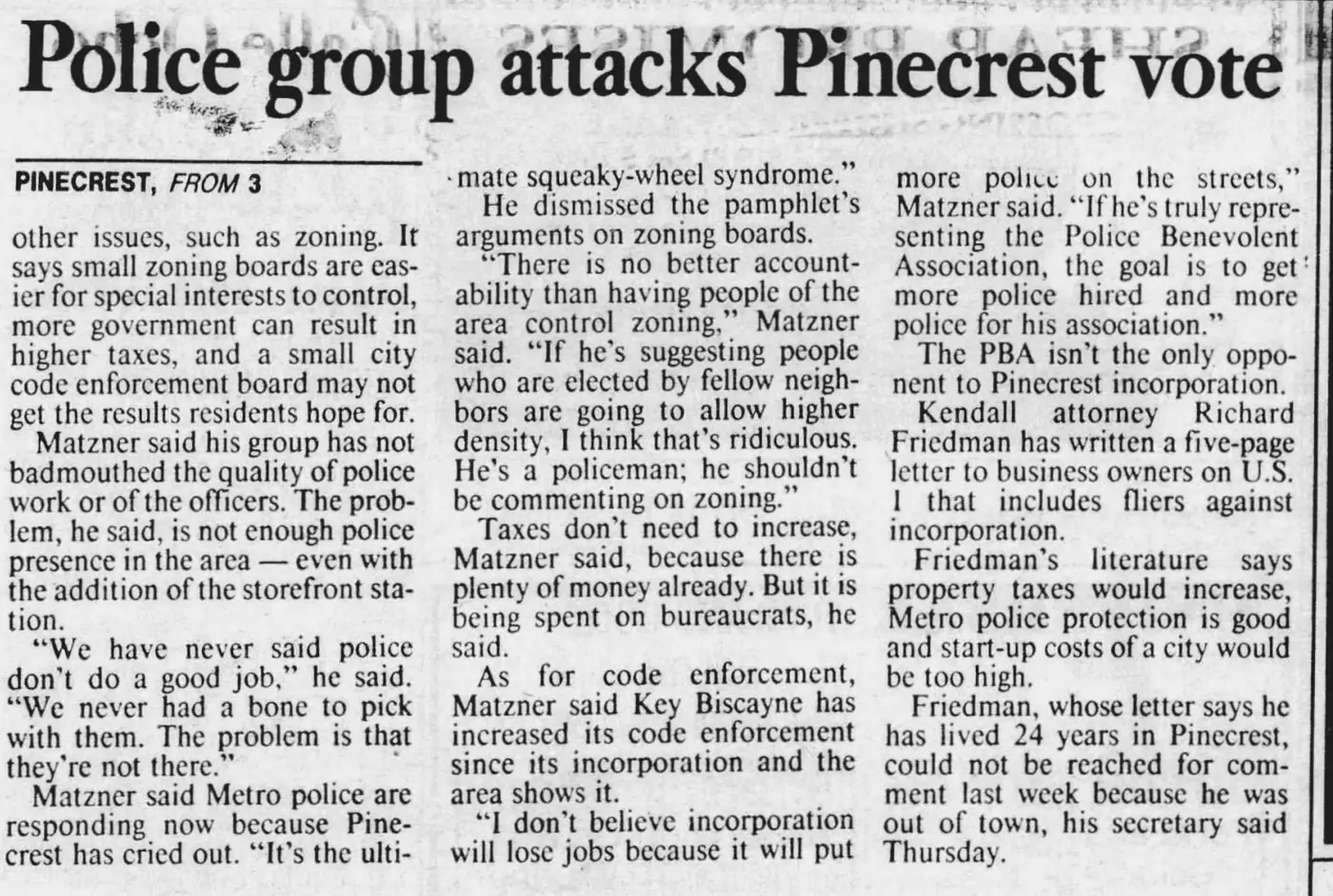 Miami Herald scan of "Police group attacks Pinecrest vote", printed page 21K