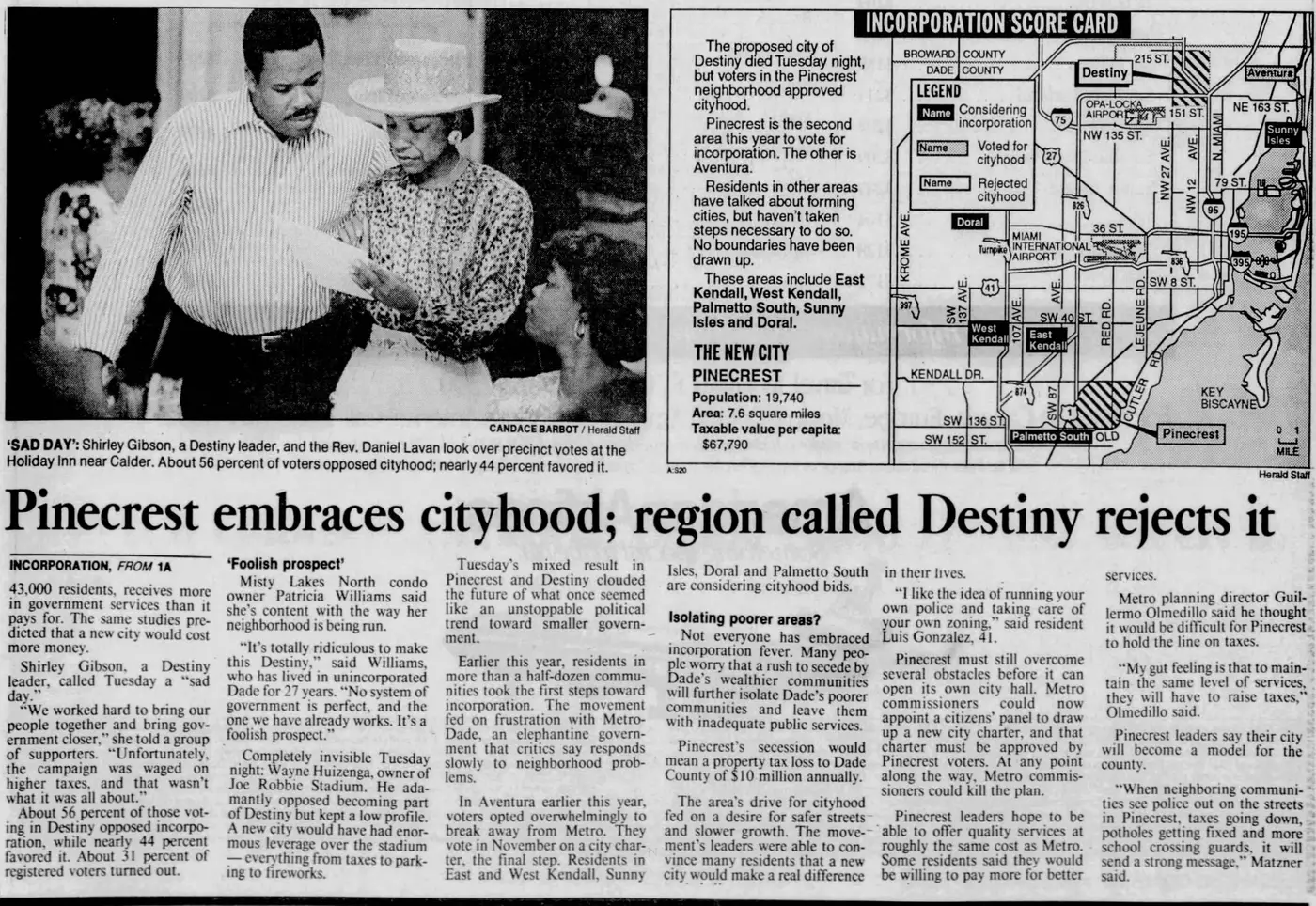Miami Herald scan of "Voters split on cityhood", printed page 12A