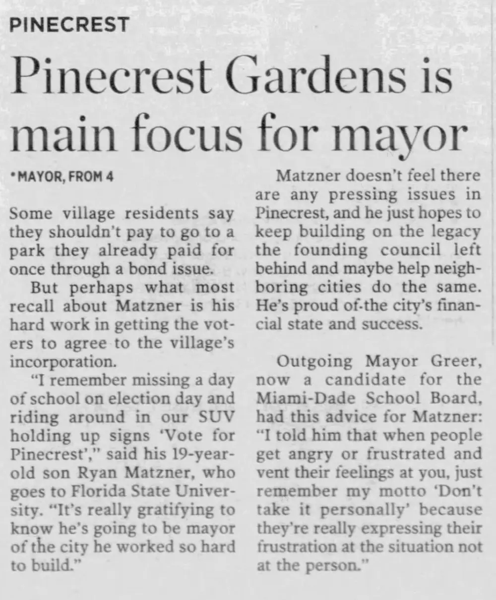 Miami Herald scan of "Matzner ready to start his job as new mayor", printed page 15SO
