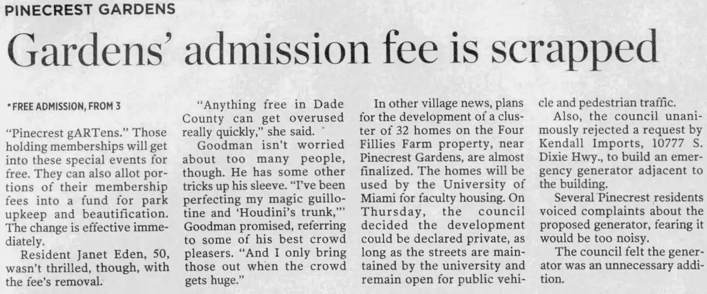 Miami Herald scan of "Admission fee is eliminated", printed page 10