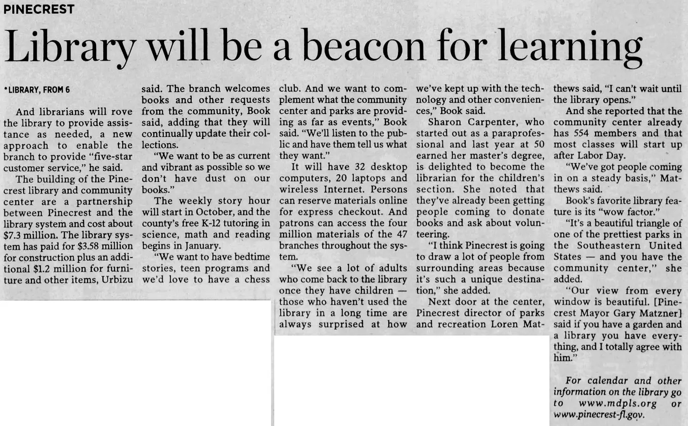 Miami Herald scan of "Library will be beacon for learning", printed page 40GS