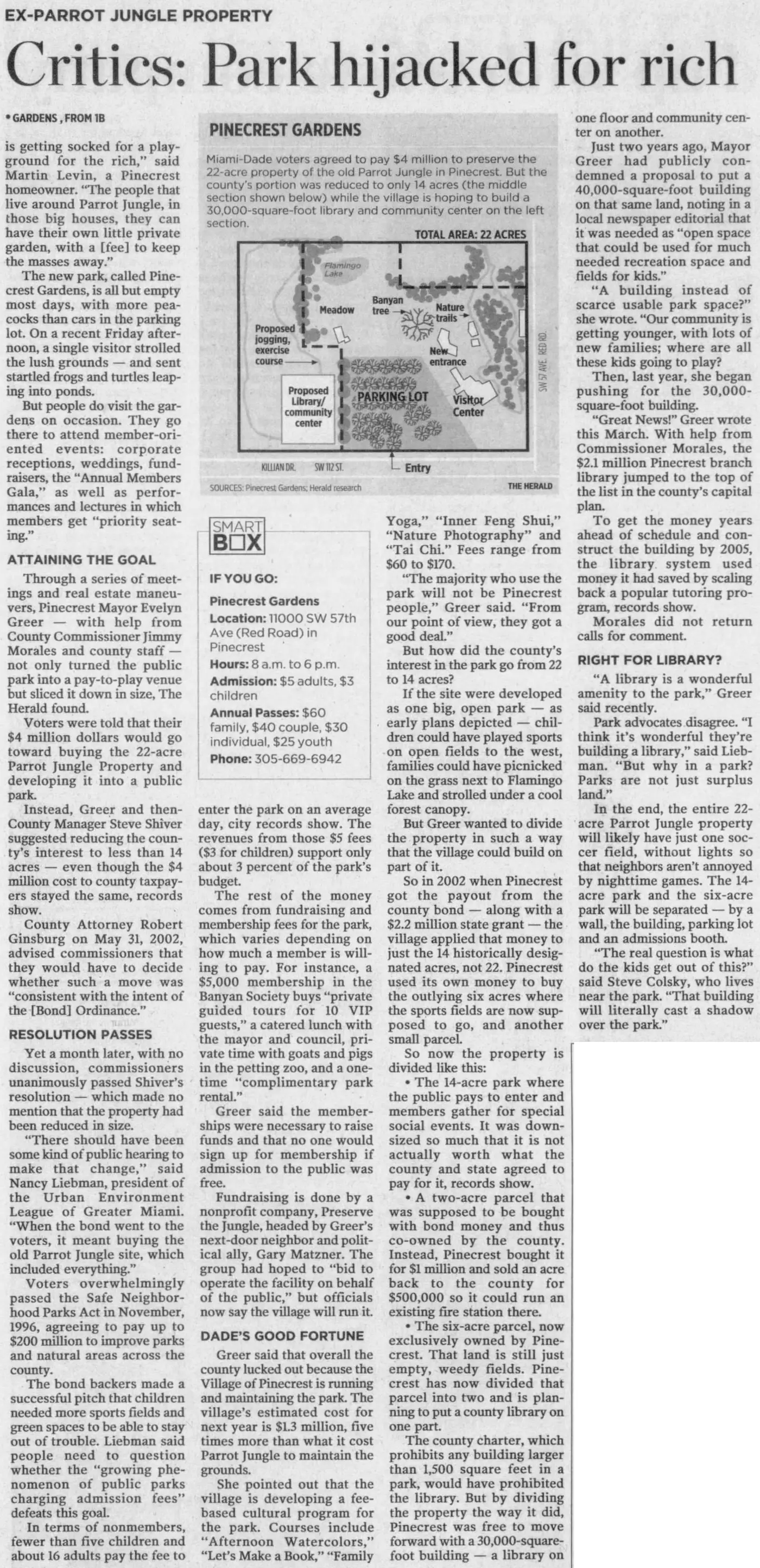 Miami Herald scan of "Critics: Park hijacked for rich", printed page 5B