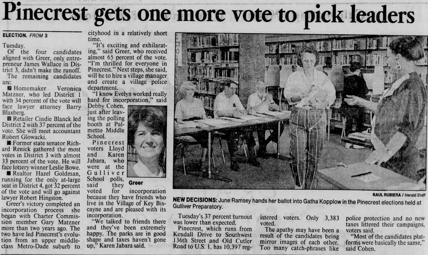 Miami Herald scan of "Pinecrest voters return to the polls for runoffs", printed page 4