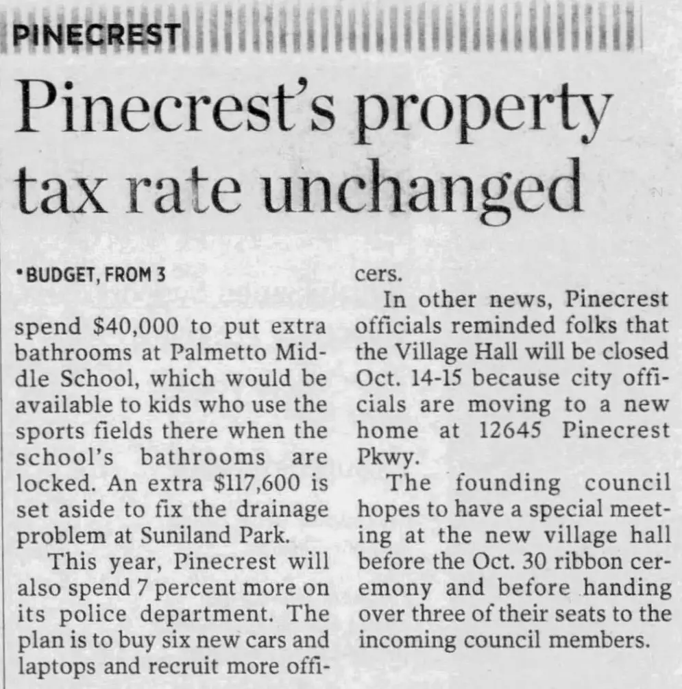 Miami Herald scan of "Village's property tax rate unchanged", printed page 14