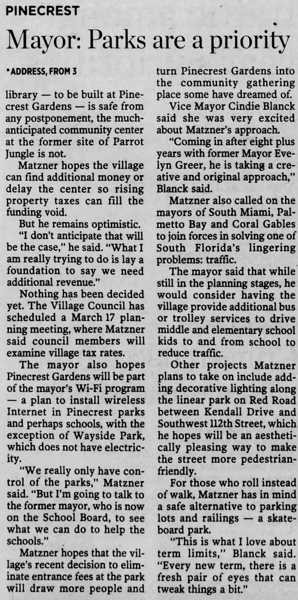 Miami Herald scan of "Mayor: Money, traffic among year's priorities", printed page 4